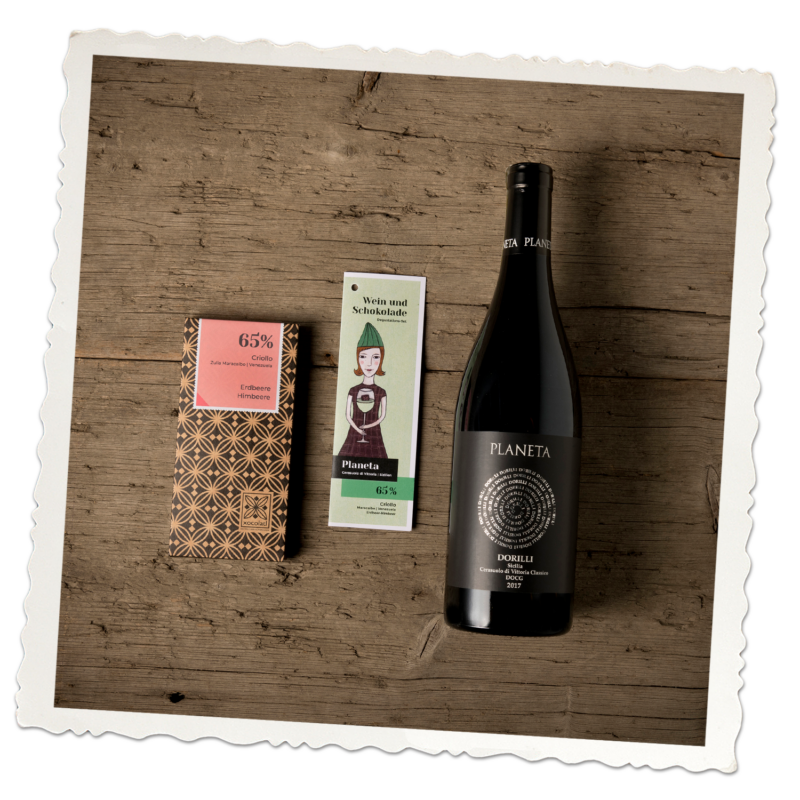 Wein und Schokolade Degustations-Set | Planeta mit Criollo 65% Erdbeere-Himbeere