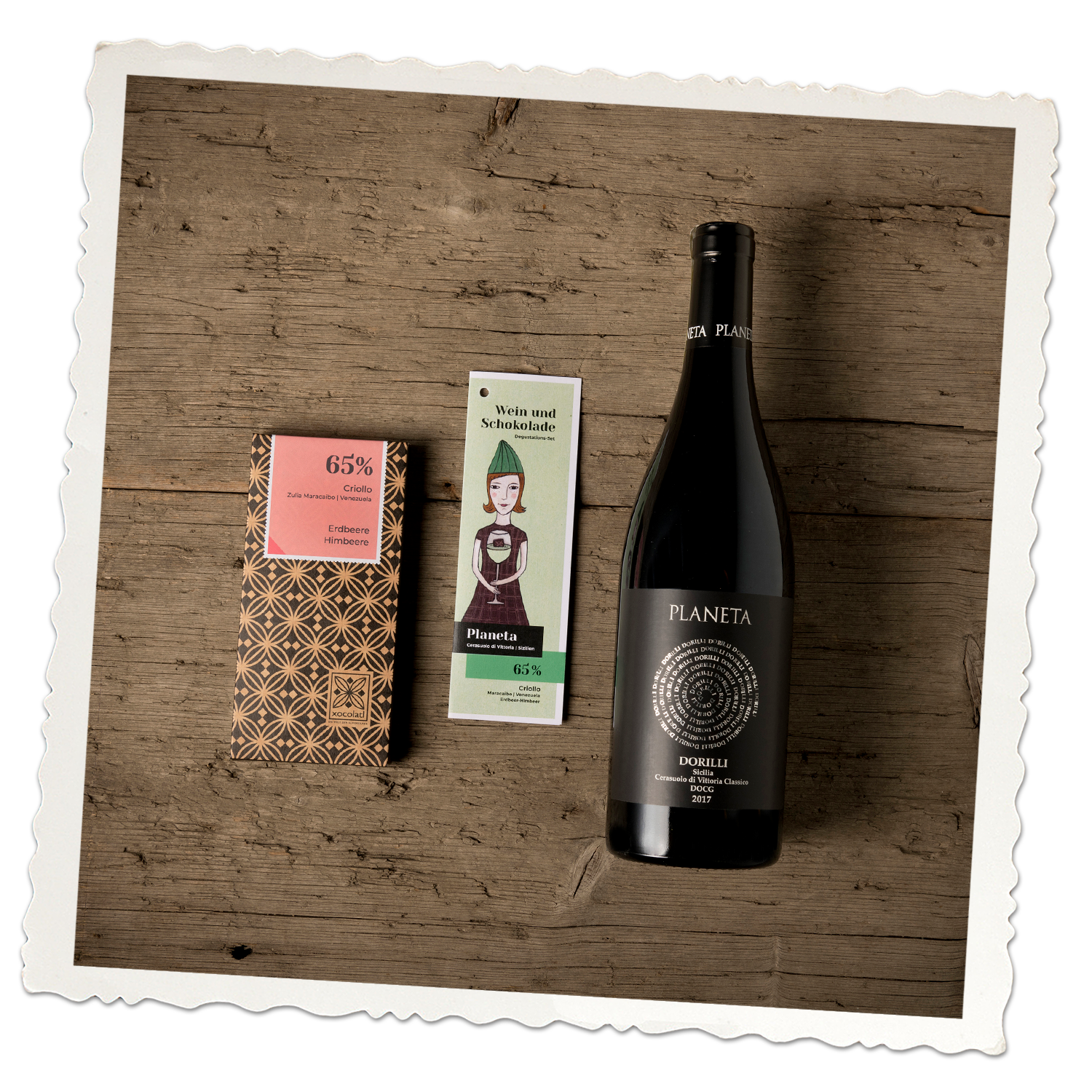 Wein und Schokolade Degustations-Set | Planeta mit Criollo 65% Erdbeere-Himbeere