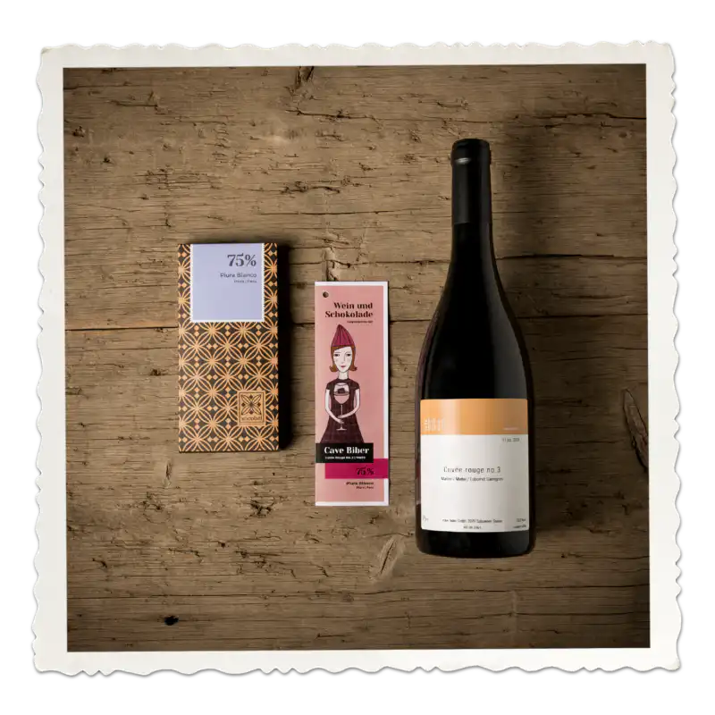 Wein und Schokolade Degustations-Set | Cave Biber mit Piura Blanco 75%