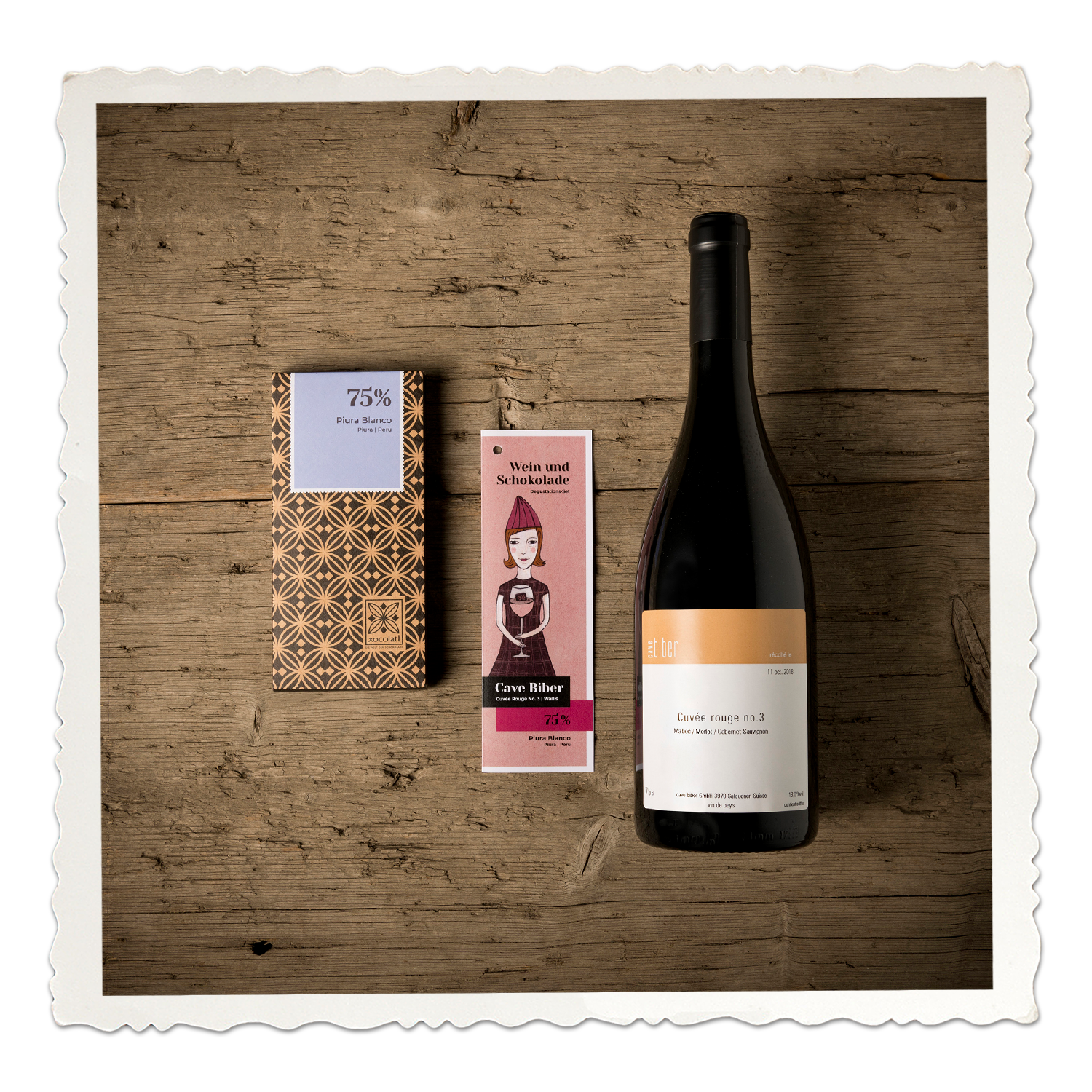 Wein und Schokolade Degustations-Set | Cave Biber mit Piura Blanco 75%