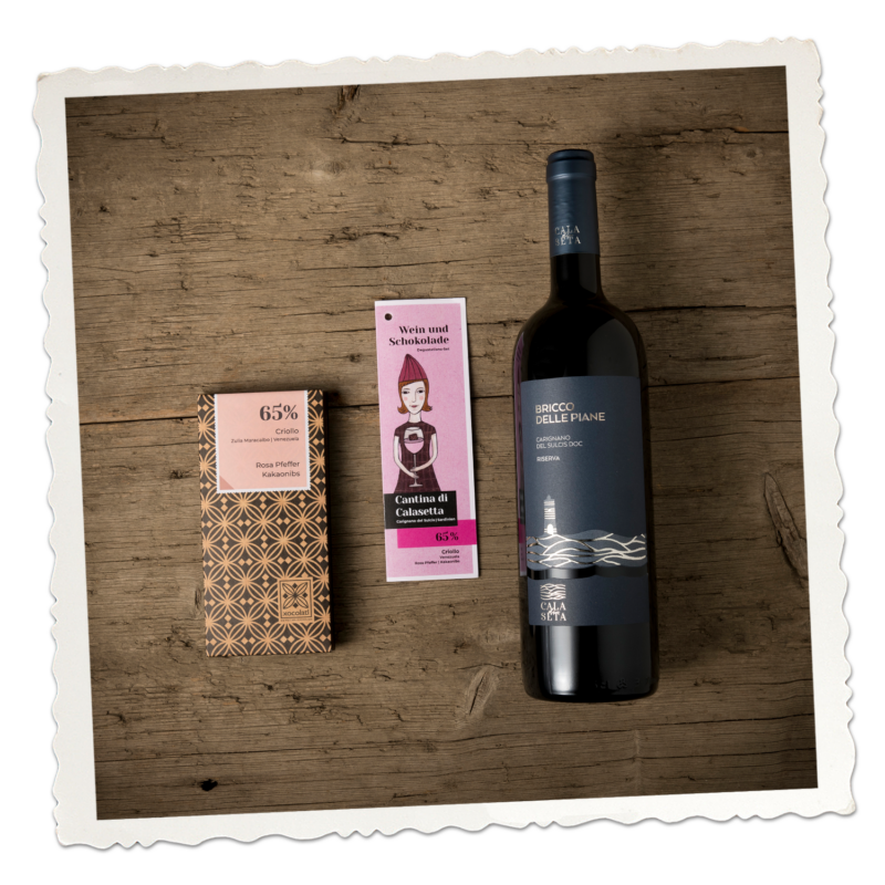 Wein und Schokolade Degustations-Set | Cantina di Calasetta mit Criollo 65% Rosa Pfeffer-Kakaonibs