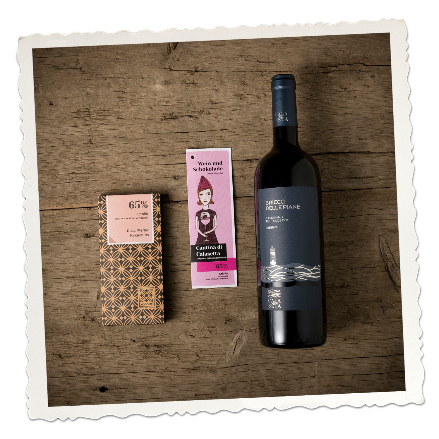 Wein und Schokolade Degustations-Set | Cantina di Calasetta mit Criollo 65% Rosa Pfeffer-Kakaonibs