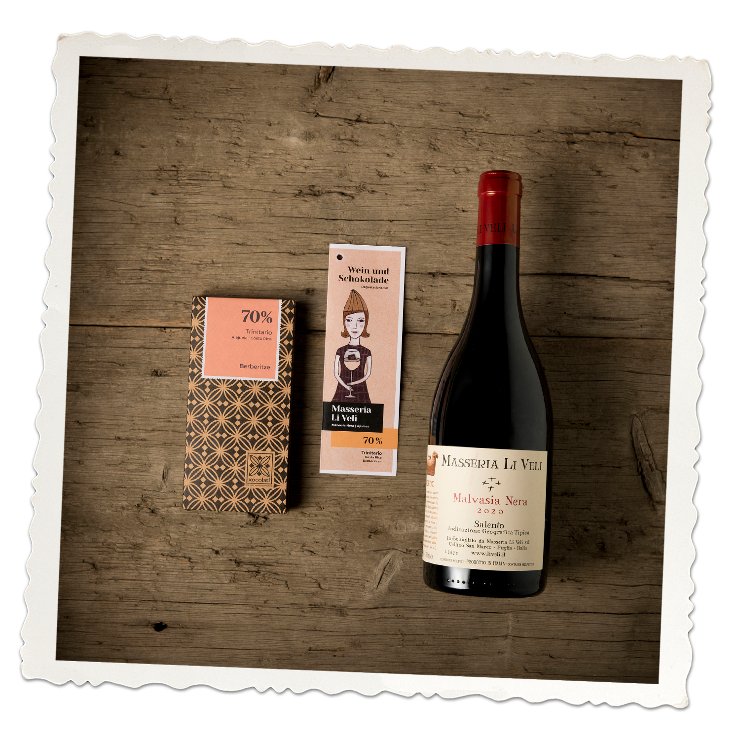 Wein und Schokolade Degustations-Set | Masseria Li Veli mit Trinitario 70% Berberitzen